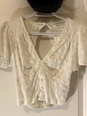 Revelation Linen Eyelet Button-Front Crop Top in Cream
